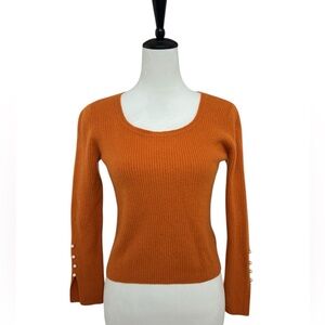 100% Wool Ribbed Knit Top Rust Orange Pearl Button Sleeve Size S